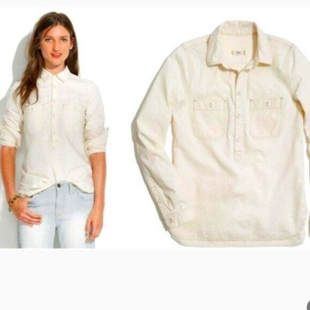MADEWELL Classic Work Shirt Popover Top Ivory Distressed Chambray